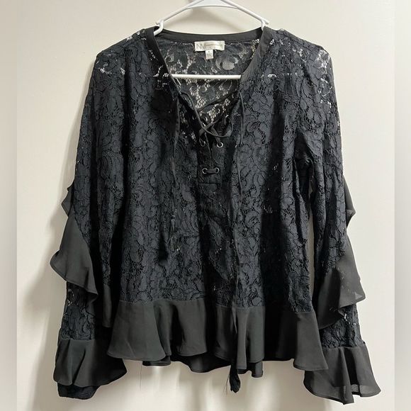 Neiman Marcus Black Lace w/ Ruffle Trim Sleeves and Front Tie Size Small - Picture 1 of 6